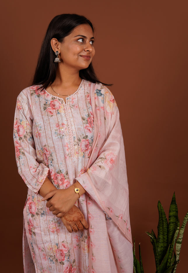 Baby Pink Floral Cotton Ensemble 3 Piece Suit