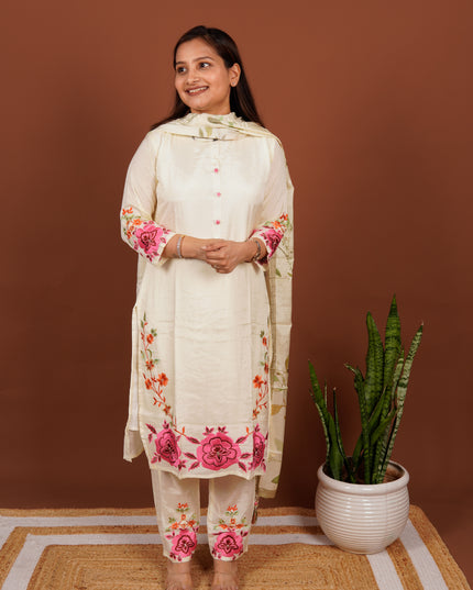 Cream Rose Pink Embroidered Parsi Suit Set