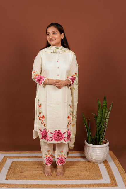 Cream Rose Pink Embroidered Parsi Suit Set