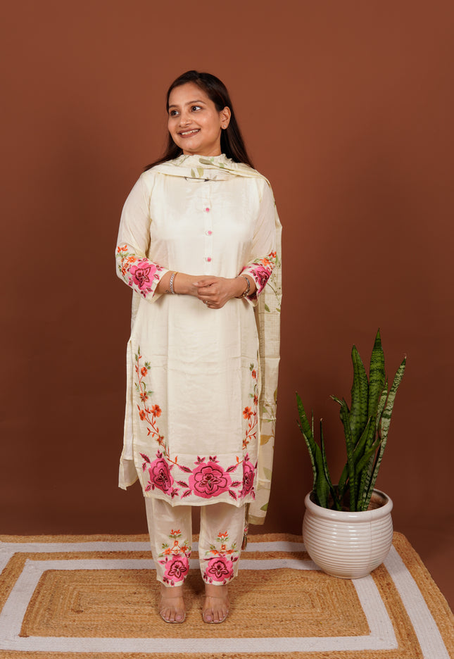 Cream Rose Pink Embroidered Parsi Suit Set