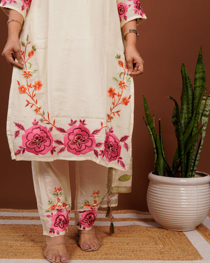 Cream Rose Pink Embroidered Parsi Suit Set