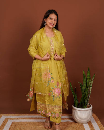 Lime Floral Cut Dana Embroidered 3 Piece Suit