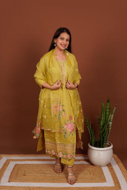 Lime Floral Cut Dana Embroidered 3 Piece Suit