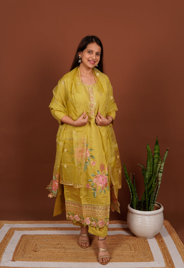 Lime Floral Cut Dana Embroidered 3 Piece Suit