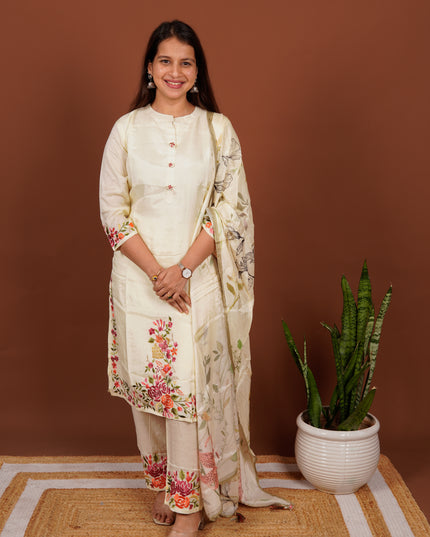 Cream Double Rose Parsi 3 Piece Suit Set