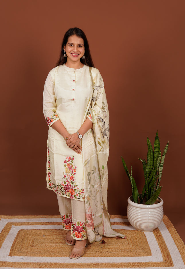 Cream Double Rose Parsi 3 Piece Suit Set