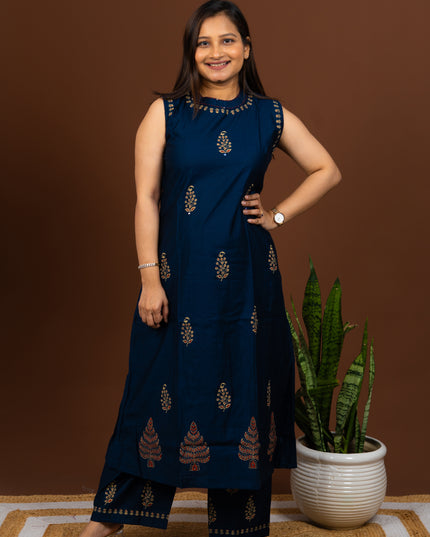 Navy Blue Block Print Sleeveless Kurta Pant Set