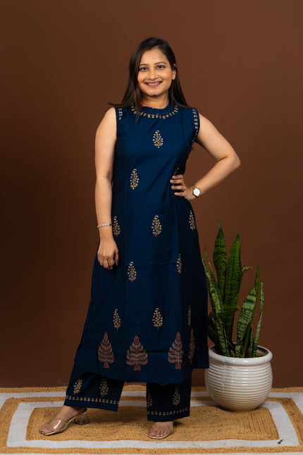 Navy Blue Block Print Sleeveless Kurta Pant Set