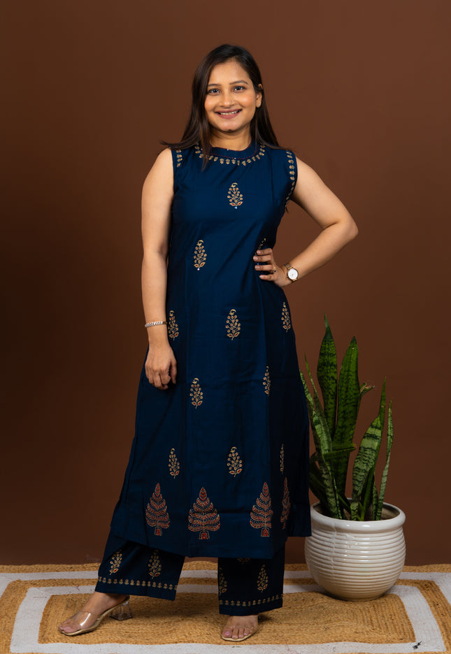 Navy Blue Block Print Sleeveless Kurta Pant Set