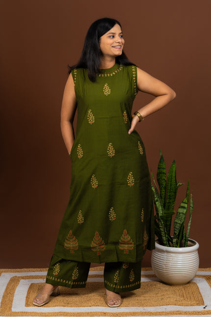 Olive Green Block Print Sleeveless Kurta Pant Set