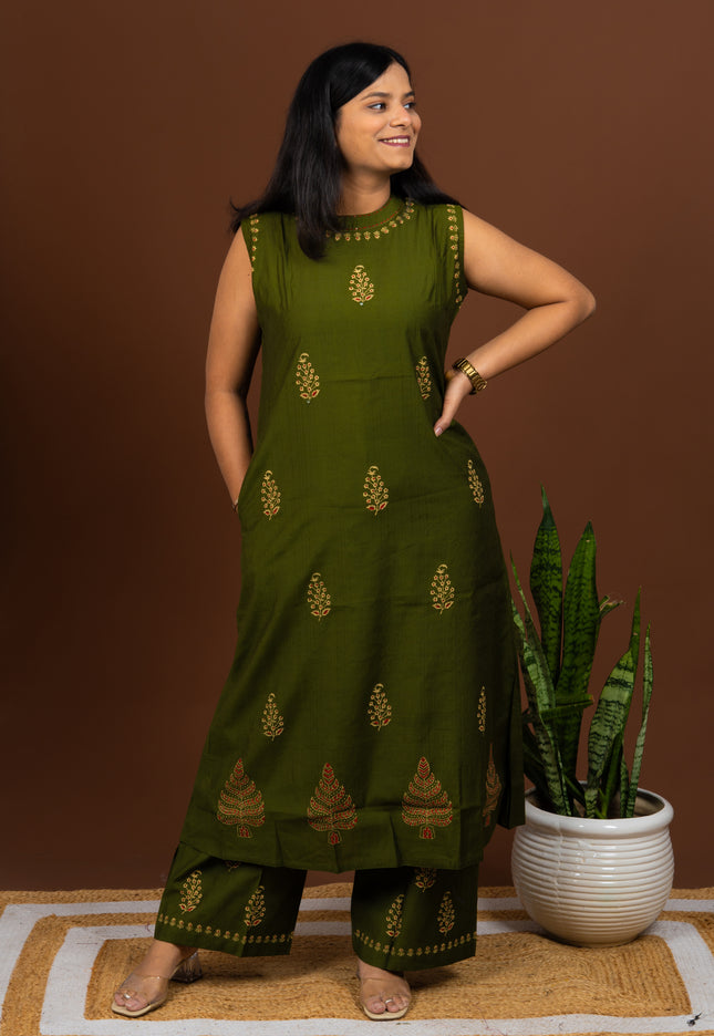 Olive Green Block Print Sleeveless Kurta Pant Set