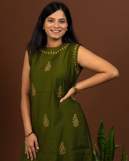 Olive Green Block Print Sleeveless Kurta Pant Set