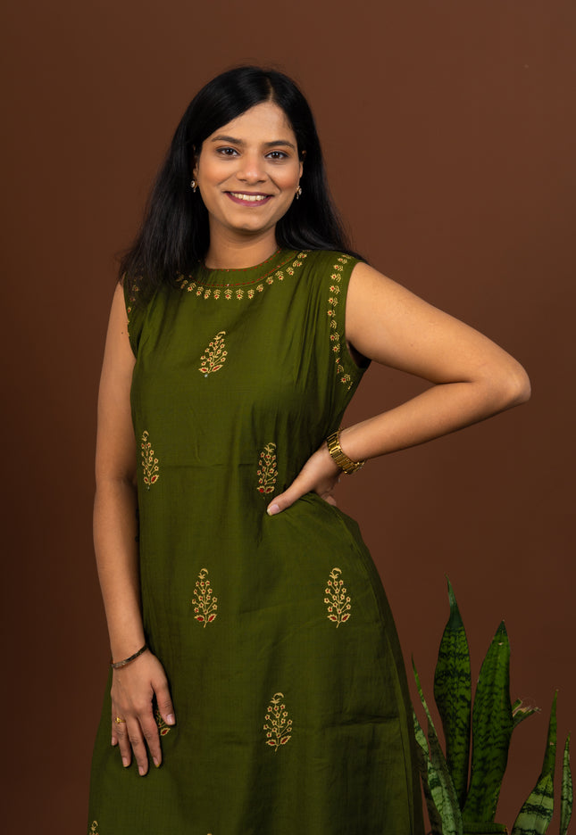 Olive Green Block Print Sleeveless Kurta Pant Set