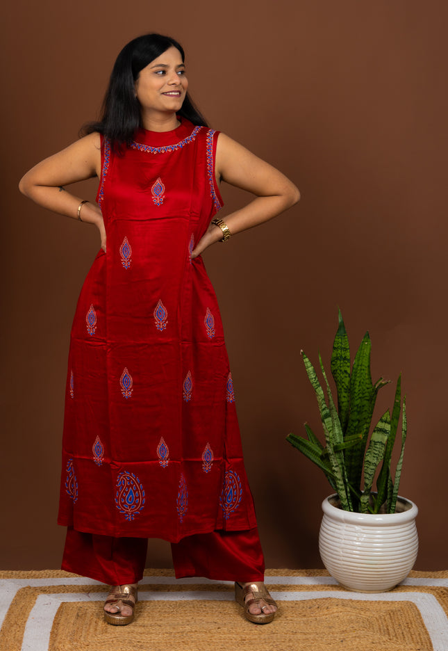 Red Block Print Sleeveless Kurta Pant Set