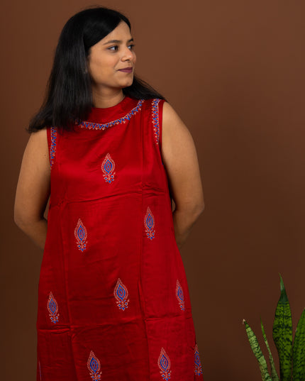 Red Block Print Sleeveless Kurta Pant Set