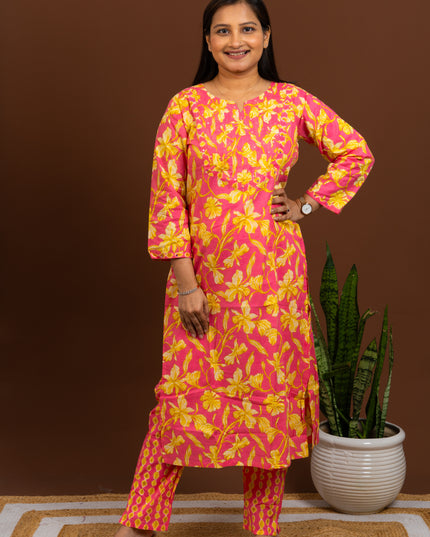 Summer Floral Pink Yellow Kurta Pant Set