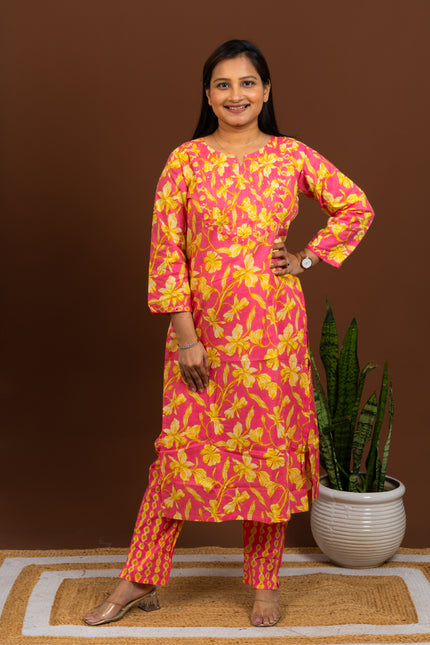 Summer Floral Pink Yellow Kurta Pant Set