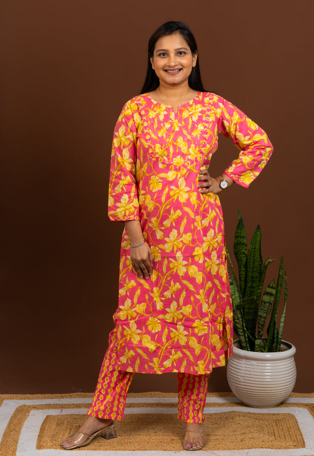 Summer Floral Pink Yellow Kurta Pant Set