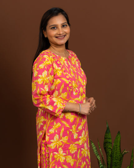 Summer Floral Pink Yellow Kurta Pant Set