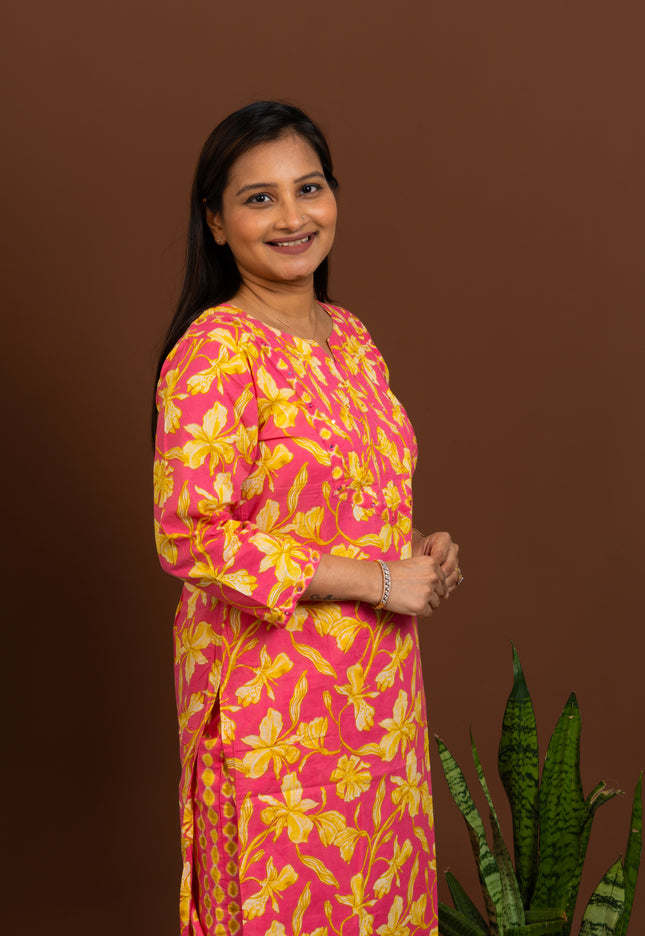 Summer Floral Pink Yellow Kurta Pant Set