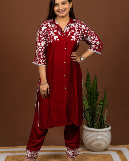 Pearl Red Embroidered Kurta Pant Set