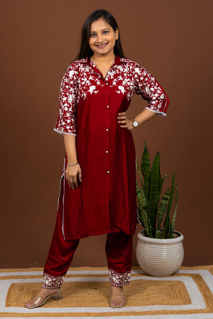 Pearl Red Embroidered Kurta Pant Set