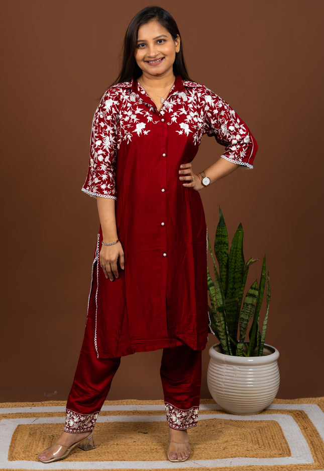 Pearl Red Embroidered Kurta Pant Set