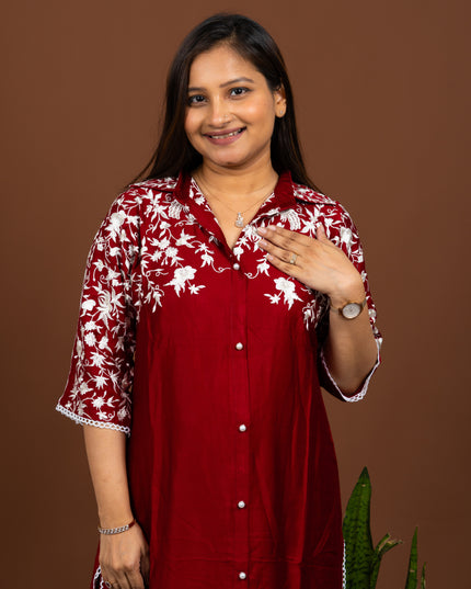 Pearl Red Embroidered Kurta Pant Set