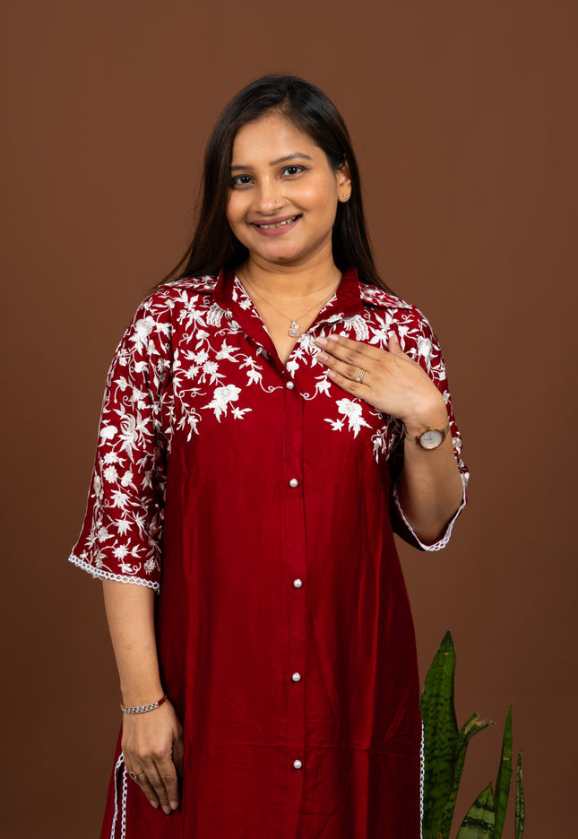 Pearl Red Embroidered Kurta Pant Set