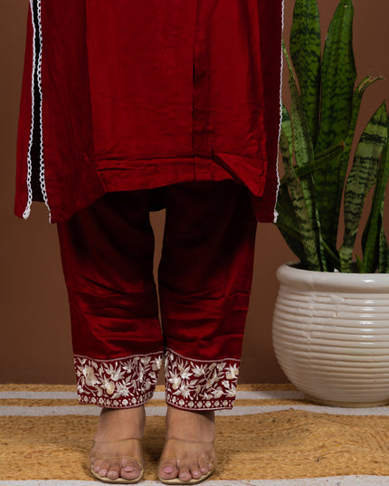 Pearl Red Embroidered Kurta Pant Set