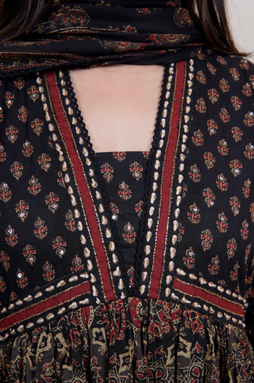 Black Ajrak Print Cotton 3 Piece Suit