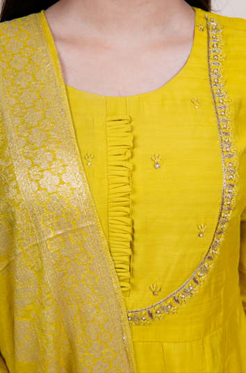 Mustard Green Anarkali 3 Piece Suit