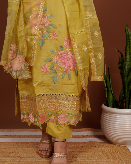 Lime Floral Cut Dana Embroidered 3 Piece Suit