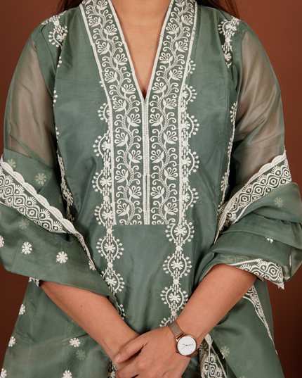 Hunter Green White Embroidered 3 Piece Suit